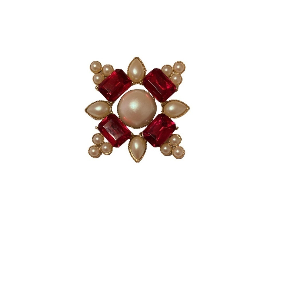 Richelieu Yellow Gold Tone Cross Brooch with Red Rhinestones and Faux Pearls